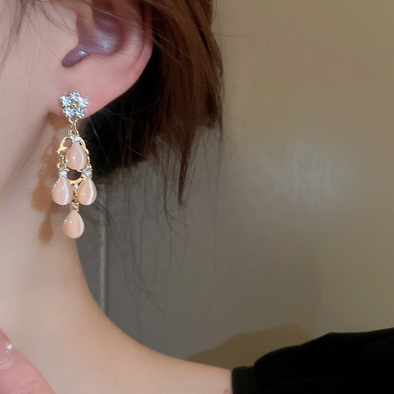 Bông Tai Mạ Bạc Đính Đá Opal Hình Giọt Nước Thời Trang Cao Cấp