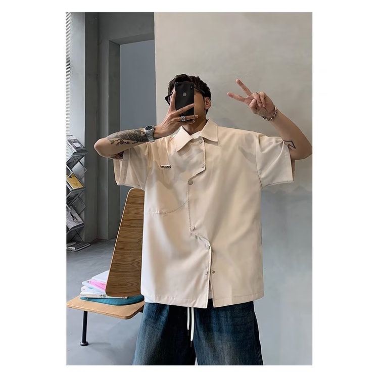 Áo Sơ Mi Nam Ngắn Tay Dáng Rộng Thiết Kế Bất Đối Xứng Phong Cách Mới 2023