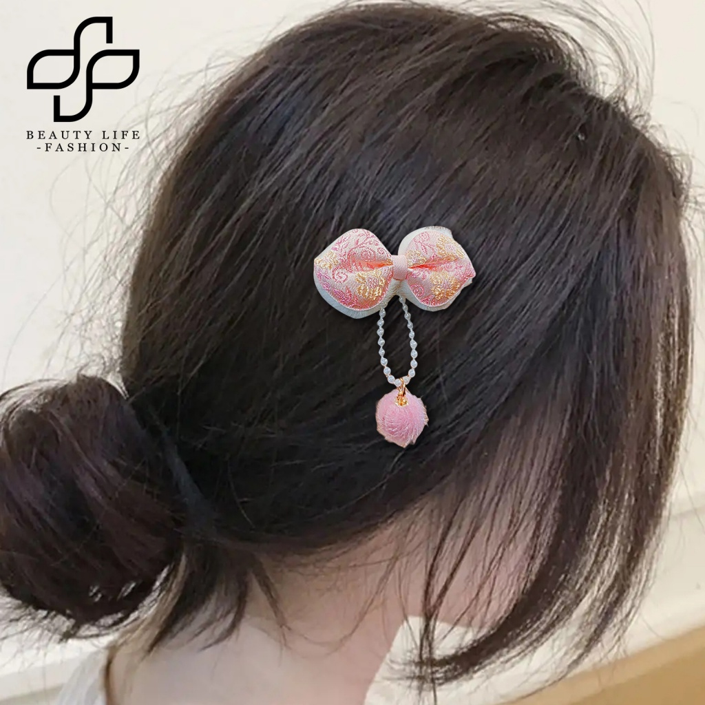 Bộ 2 Kẹp Tóc Nơ Đính Bóng Lông Tua Rua Đỏ Phong Cách Trung Hoa Cổ Điển Mừng Năm Mới Cho Bé Gái