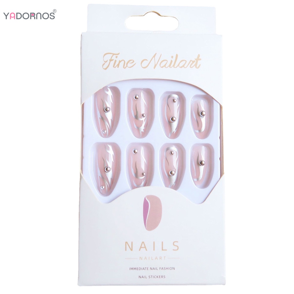 Móng Tay Giả YADORNOS Màu Bạc & Hồng Đính Hạt Nhân Tạo Tiện Dụng