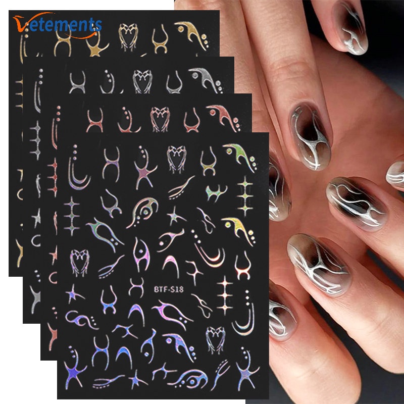 Miếng Dán Trang Trí Móng Tay Họa Tiết Kẻ Sọc / Hình Học 3D Màu Bạc Ánh Kim DIY Y2K