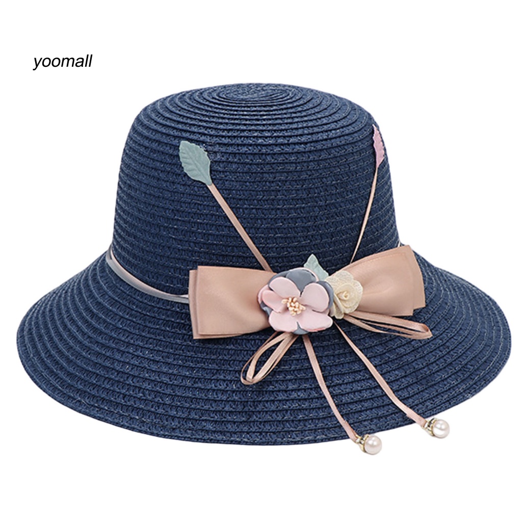 Nón Cối Rộng Vành Phối Nơ Ruy Băng Đính Ngọc Trai Giả Thời Trang Mùa Hè Cho Nữ