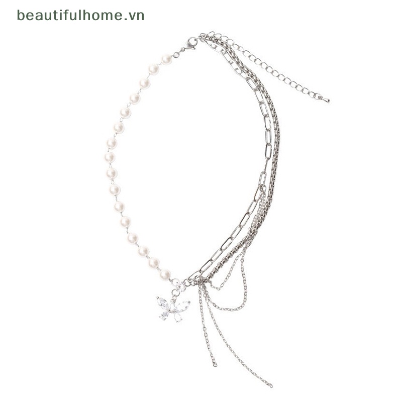 Vòng cổ Nhiều Lớp Mặt Hình Bươm Bướm Đính Ngọc Trai Lấp Lánh Thời Trang Cho Nữ