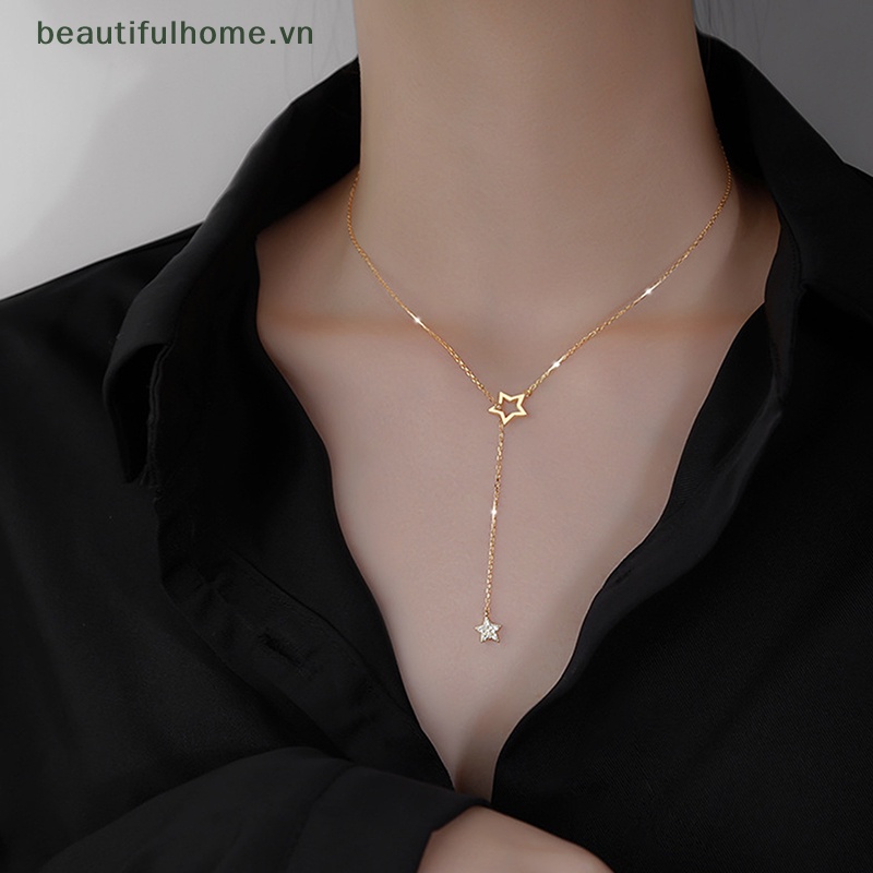 [beautifulhome] Vòng cổ Hợp Kim Zircon Ngôi Sao Rỗng Thanh Lịch Đơn Giản Màu Bạc Trang Sức Tua Rua Làm Đẹp Cho Nữ [beauty]