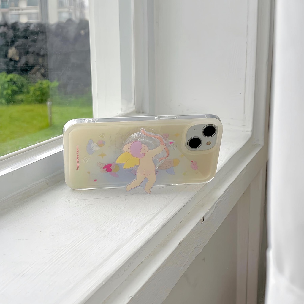 Ốp Điện Thoại Imd Trong Suốt Viền Thẳng In Hoạt Hình Thiên Thần Kèm Giá Đỡ Cho iPhone 14 13 12 11 PRO MAX