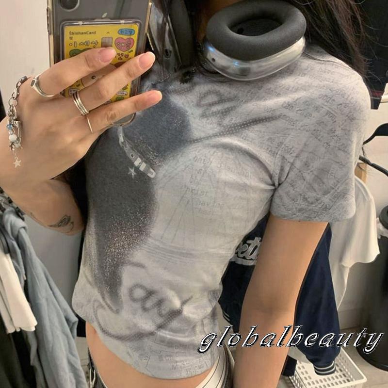 Áo Thun Croptop Ngắn Tay Cổ Tròn In Họa Tiết Trừu Tượng Thời Trang Xuân Hè