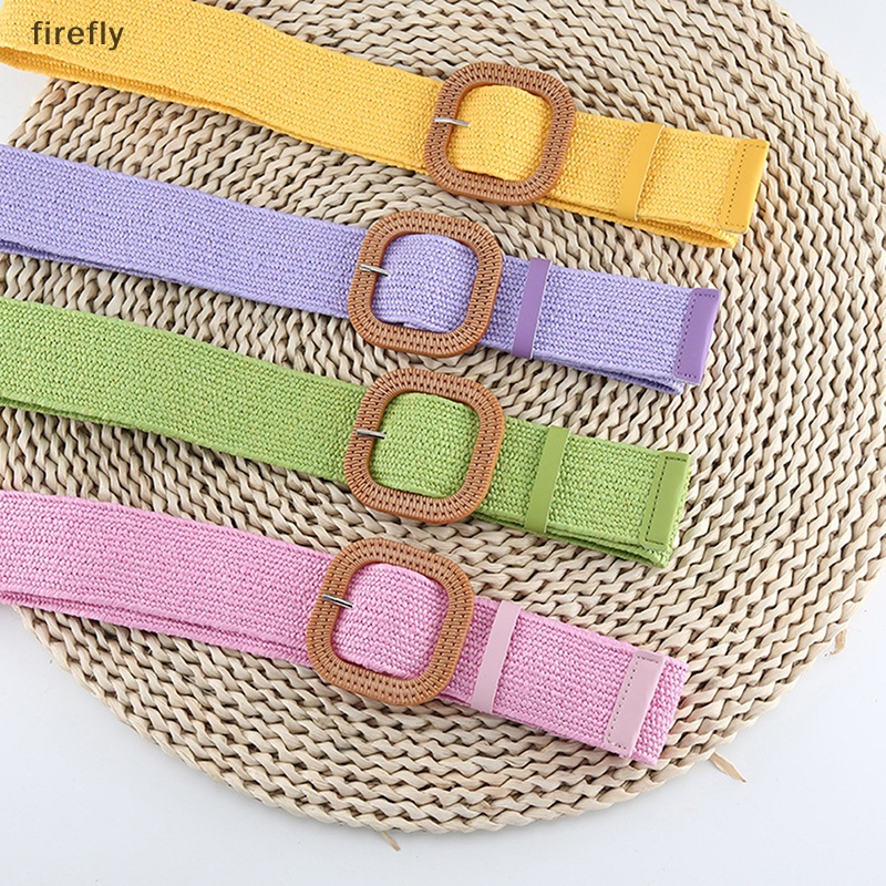 Thắt Lưng Bện Sợi Rơm Bản Rộng Co Giãn Có Khóa Vuông Phong Cách Bohemia Thời Trang Cho Nữ