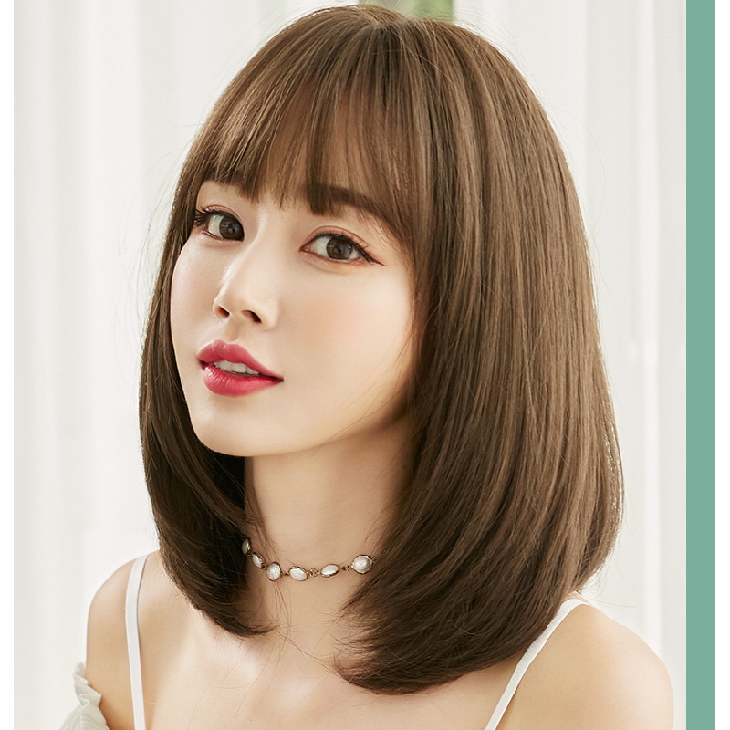Bộ Tóc Giả Ngắn Mái Ngang Vai Dài Bằng Sợi Hóa Học Phong Cách Hàn Quốc Thời Trang Cho Nữ
