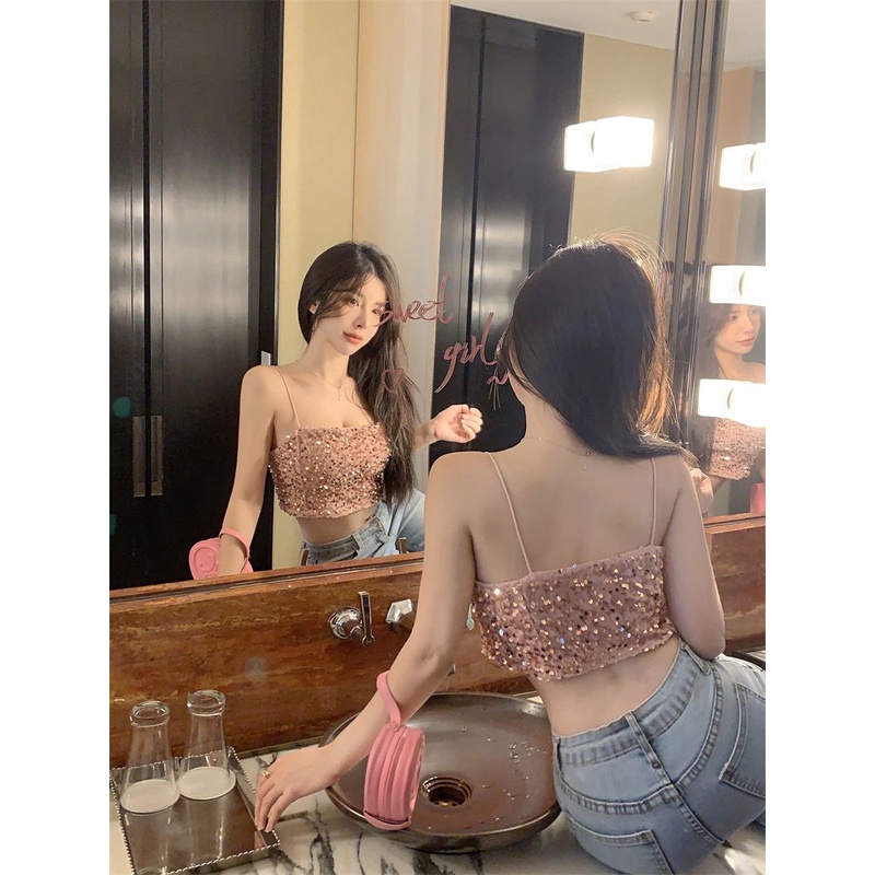 Pure Desire Áo Hai Dây Ngắn Ôm Dáng Đính Kim Sa Lấp Lánh Gợi Cảm Phong Cách Pháp Thời Trang Mùa Hè 2023 Mới