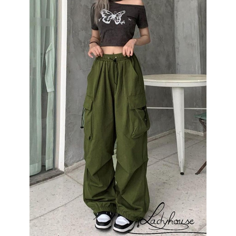 Quần Dài Dáng Suông Lưng Thun Có Túi Màu Trơn Phong Cách Đường Phố Thường Ngày Cho Nữ