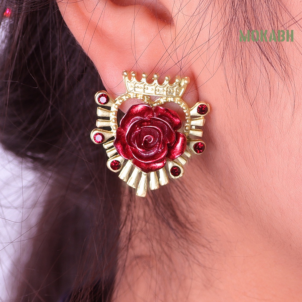 1 Đôi Bông Tai Hợp Kim Hình Hoa Hồng Đính Đá Phong Cách Retro