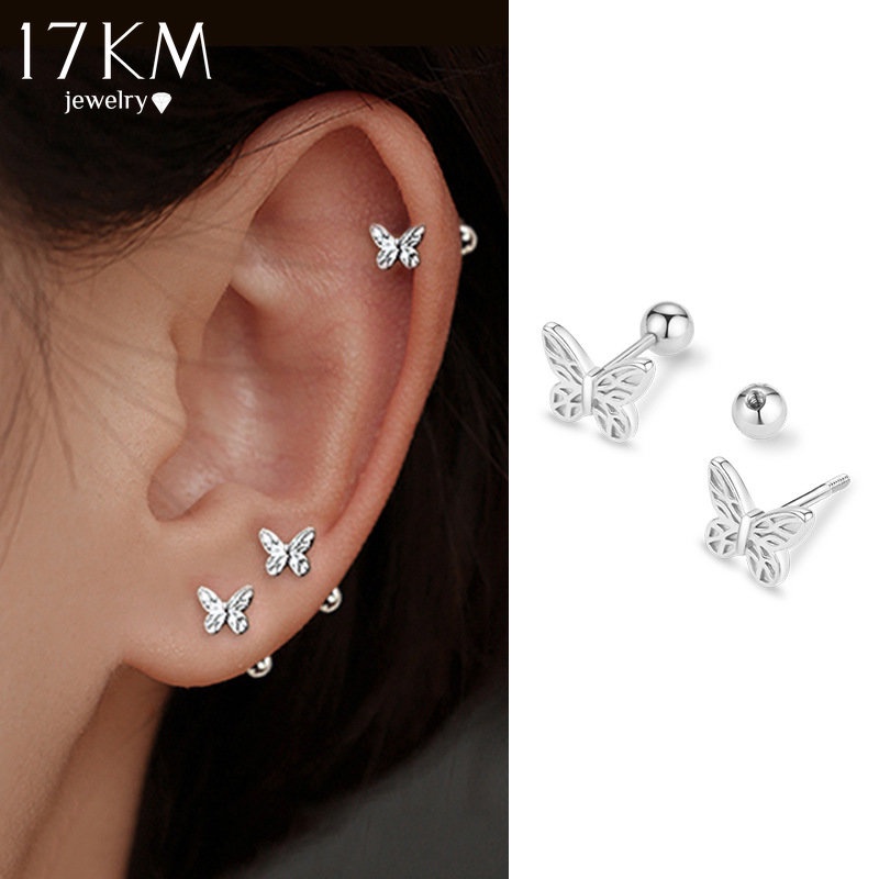 Khuyên tai 17KM mạ bạc hình bướm đơn giản dành cho nam và nữ