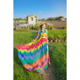 Váy đầm maxi đi biển loang màu cổ yếm 2 dây xinh đẹp có sẵn mút ngực