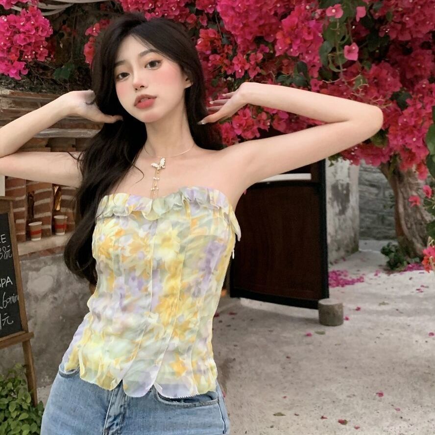 Áo Hai Dây Dáng Ngắn Họa Tiết Hoa Phong Cách Pháp Thời Trang Cho Nữ