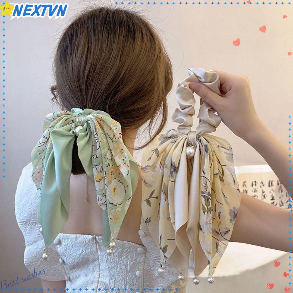 Bộ 2 Dây Cột Tóc Co Giãn Đính Nơ Họa Tiết Hoa Mới Cho Nữ