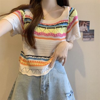 Áo sweater Mỏng Cổ Vuông Tay Ngắn Họa Tiết Kẻ Sọc Cầu Vồng Thời Trang Mùa Hè 2023 Cho Nữ