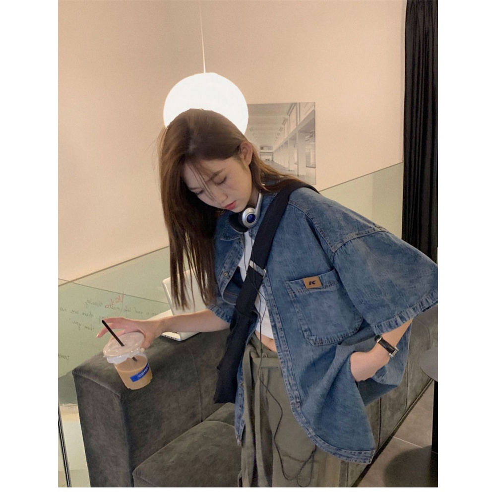 Áo Sơ Mi Denim Tay Ngắn Dáng Rộng Phong Cách Thời Trang Đường Phố Nhật Bản Cho Nam Và Nữ