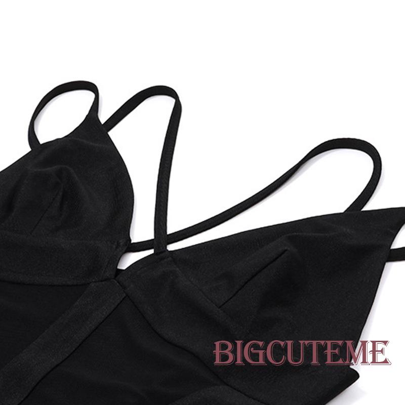 [] - Áo Liền Quần Cổ Chữ V Không Tay Phối Lưới Dây Có Thể Điều Chỉnh Màu Đen Cho Nữ