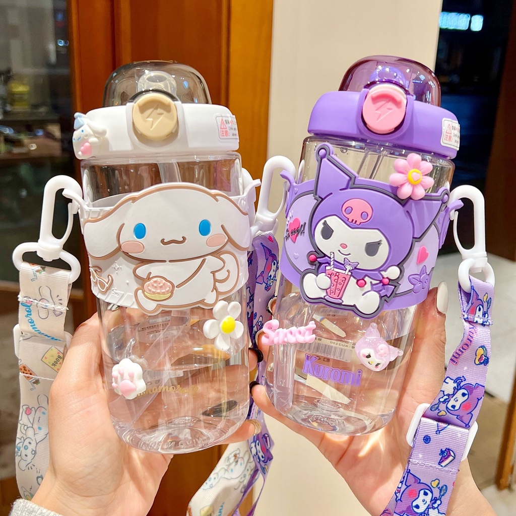 Bình Nước Có Ống Hút Họa Tiết Hoạt Hình Sanrio Kuromi Cinnamoroll Purin My Melody Dễ Thương Cho Bé Gái