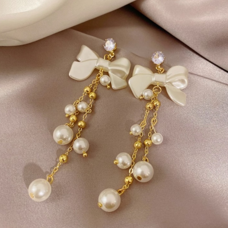 Đôi Bông Tai Dáng Dài Phối Nơ Đính Đá Thời Trang Cho Nữ