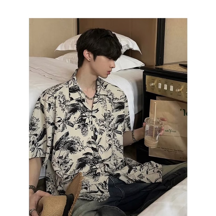Áo Sơ Mi Tay Ngắn In Họa Tiết Hoa Phong Cách Hong Kong Thời Trang Đi Biển Cho Nam