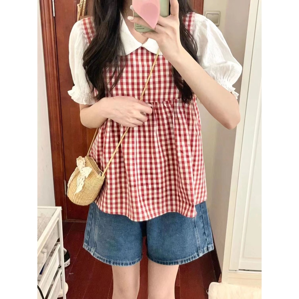 Áo Sơ Mi Hai Dây Kẻ Caro Đỏ Phong Cách Preppy Thời Trang Mùa Hè 2023 Mới Cho Nữ