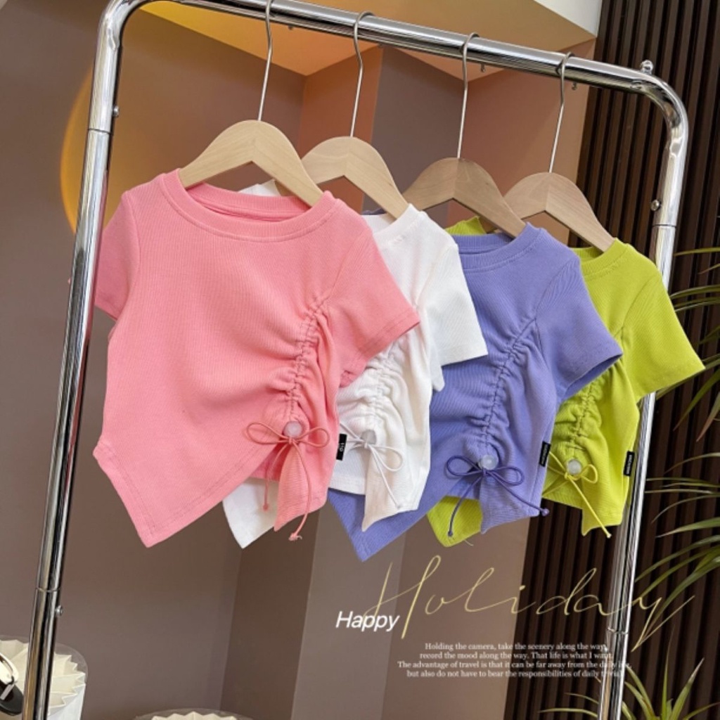 Áo Thun Mùa Hè 2023 Tay Cộc Rút Dây Màu Trơn Dễ Phối Đồ Phong Cách Mới Cho Nữ