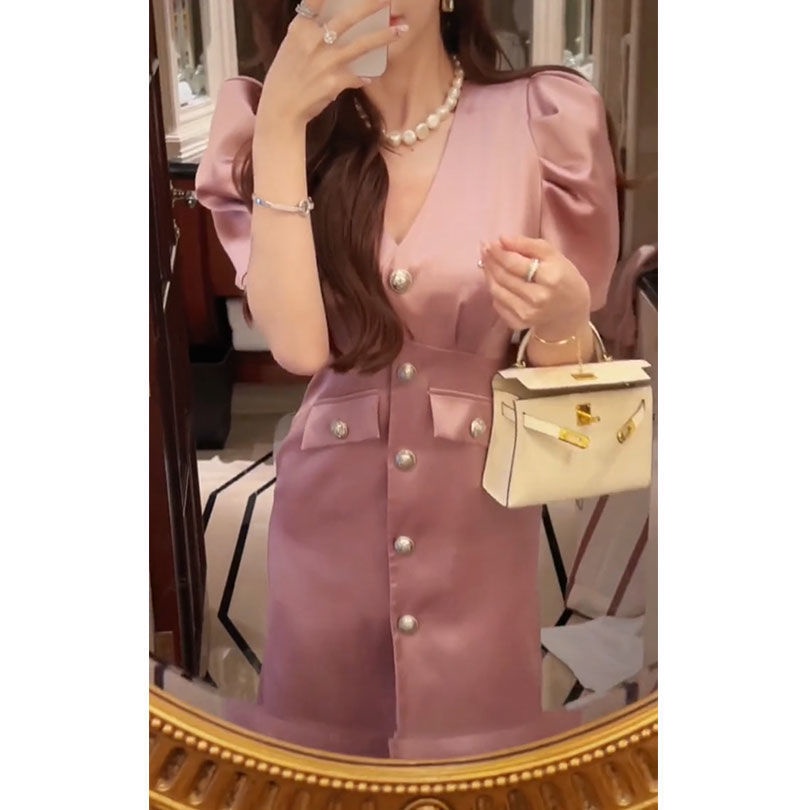 Đầm Satin Cổ V Tay Phồng Thời Trang Mùa Hè Pháp