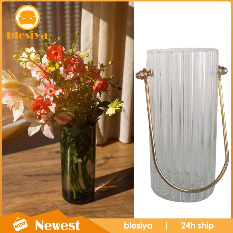 Bình Hoa Thủy Tinh Trong Suốt Hình Trụ Với Tay Cầm Kim Loại