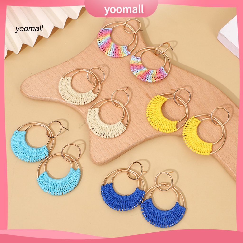 1 Đôi Khuyên Tai Tròn Đan Rơm Thời Trang Đi Biển Mùa Hè