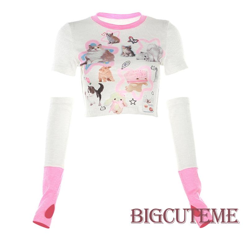 Áo Thun Crop Top Tay Ngắn Cổ Tròn In Hình Mèo Thời Trang Mùa Hè Dành Cho Nữ