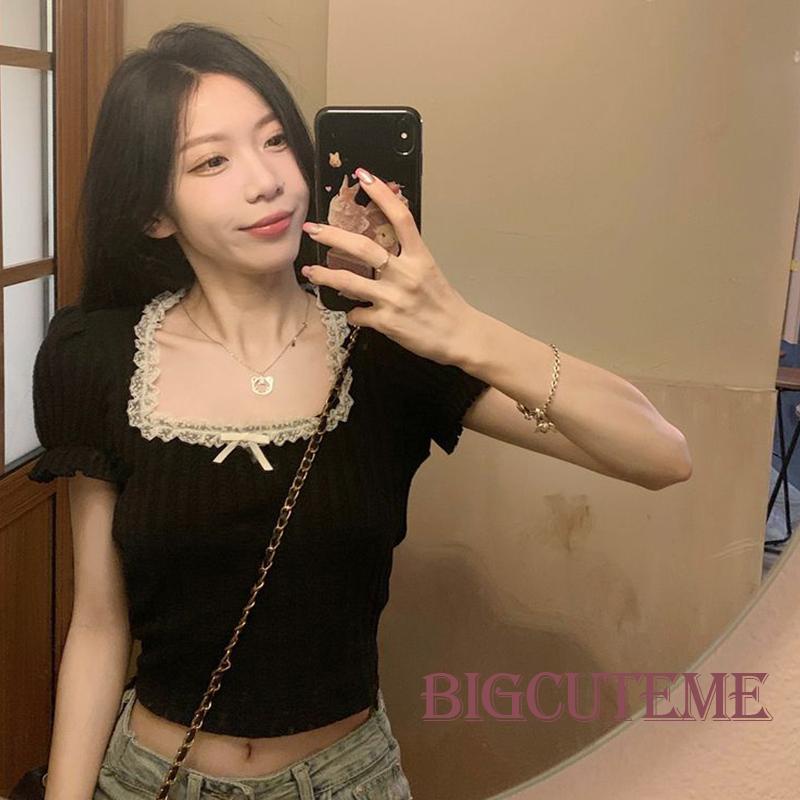 Áo Croptop Cổ Vuông Tay Ngắn Phồng Phối Ren Thời Trang Mùa Hè Phong Cách Hàn Quốc Cho Nữ