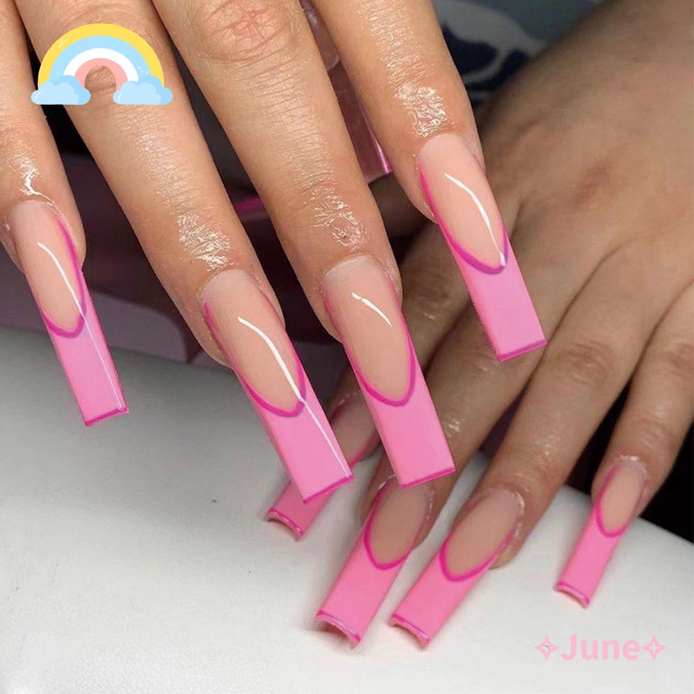 JUNE Bộ 24 Móng Tay Giả Che Phủ Toàn Diện Tháo Rời Được Họa Tiết Hoa Và Bướm Kiểu Pháp