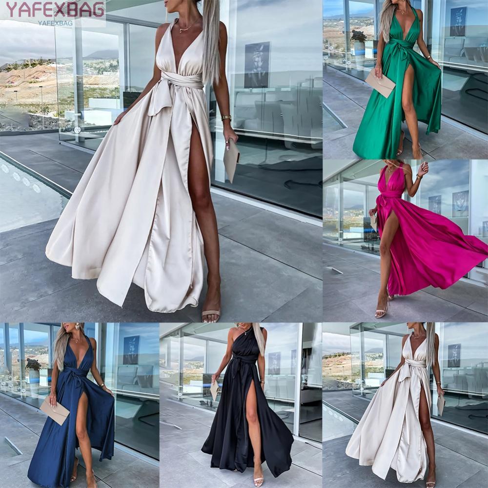 Sleeveless Women’s Party Dress in Solid Color with Deep V neckline and High Slit