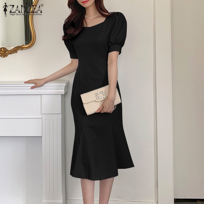 ZANZEA Đầm Đuôi Cá Cổ Vuông Tay Phồng Thời Trang Hàn Quốc Cho Nữ