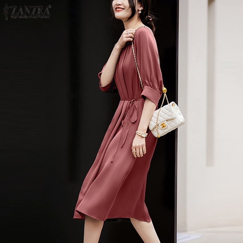 Zanzea Đầm Midi Tay Lửng Cổ Tròn Phong Cách Hàn Quốc Thanh Lịch Dành Cho Nữ