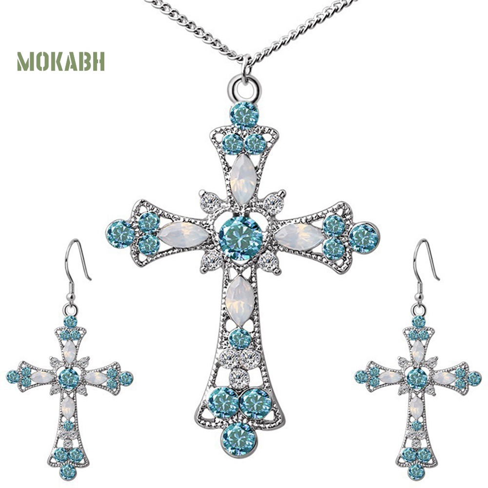 [Mok Abh] Bộ Vòng cổ Và Bông Tai Hình Thánh Giá Có Đính Kim Cương Giả