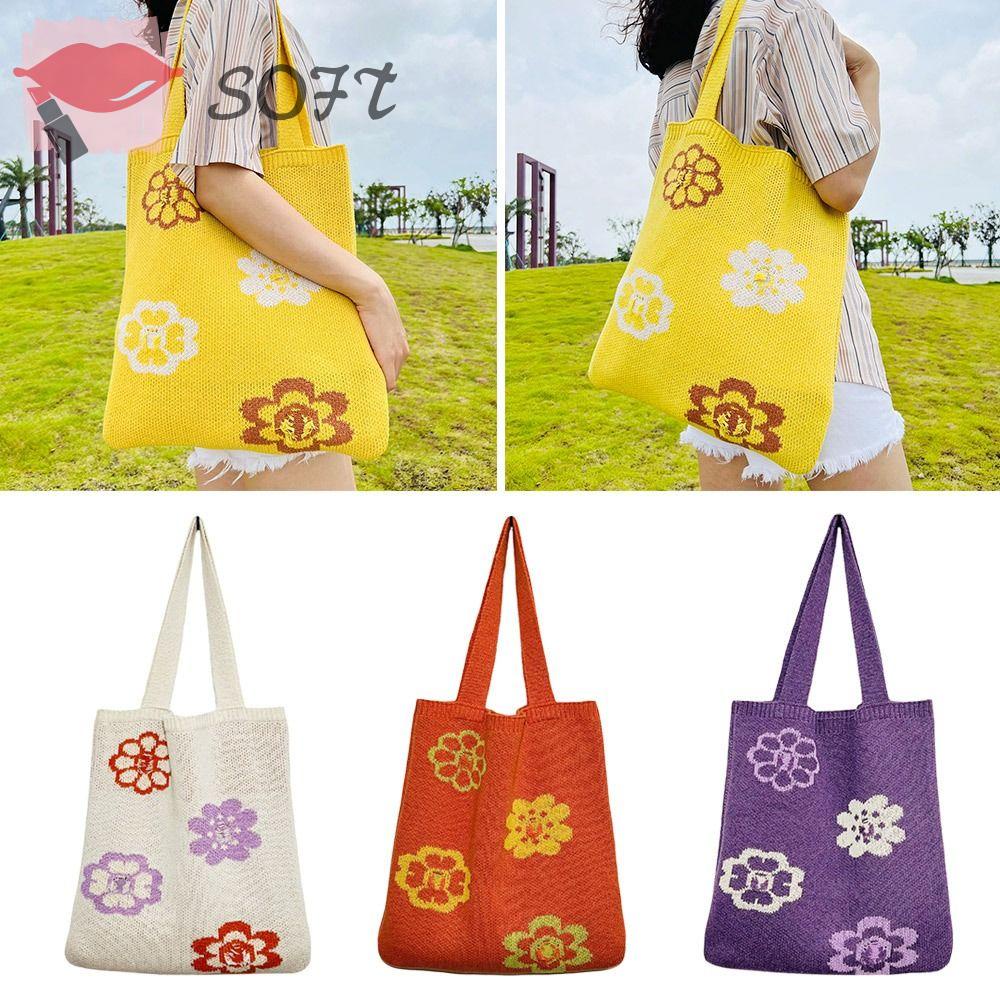 SOFTNESS Túi Xách Đeo Vai Đan Len Họa Tiết Hoa Thời Trang Sức Chứa Lớn