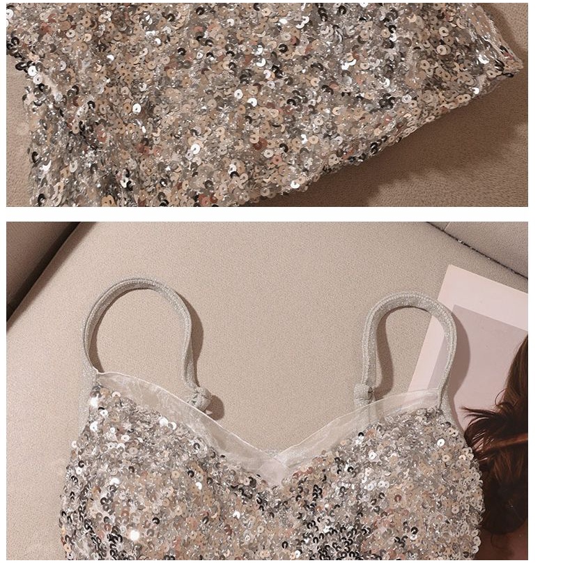 Áo Hai Dây Cổ Chữ V Màu Đen Đính Kim Sa Lấp Lánh Thời Trang Mùa Hè Cho Nữ