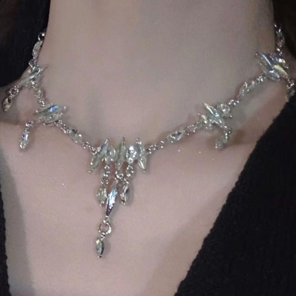 Vòng cổ Mạ Bạc Đính Đá Hình Giọt Nước Tua Rua Y2K Phong Cách Hàn Quốc