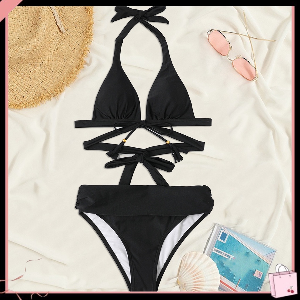 Bộ Đồ Bơi 2 Mảnh Màu Trơn Thắt Nơ Mềm Mại Dành Cho Nữ