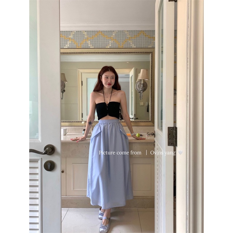 Set croptop đen dây yếm đan dây +chân váy xanh xoè💖 KÈM ẢNH THẬT