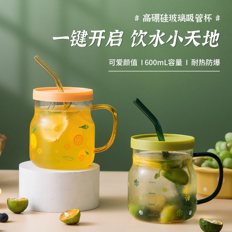 Cốc Uống Nước Thủy Tinh Chịu Nhiệt Cao Có Nắp Và Ống Hút Cho Nữ Dùng Được Trong Lò Vi Sóng