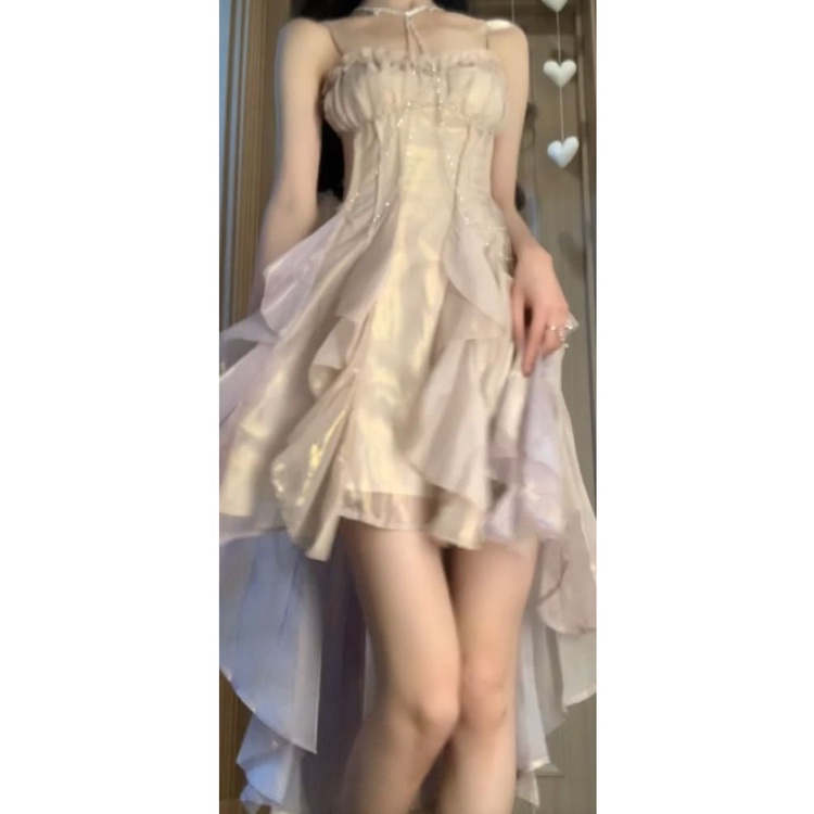 Đầm Hai Dây Dáng Ngắn Phối Bèo Màu Gradient Phong Cách Pháp LH2R