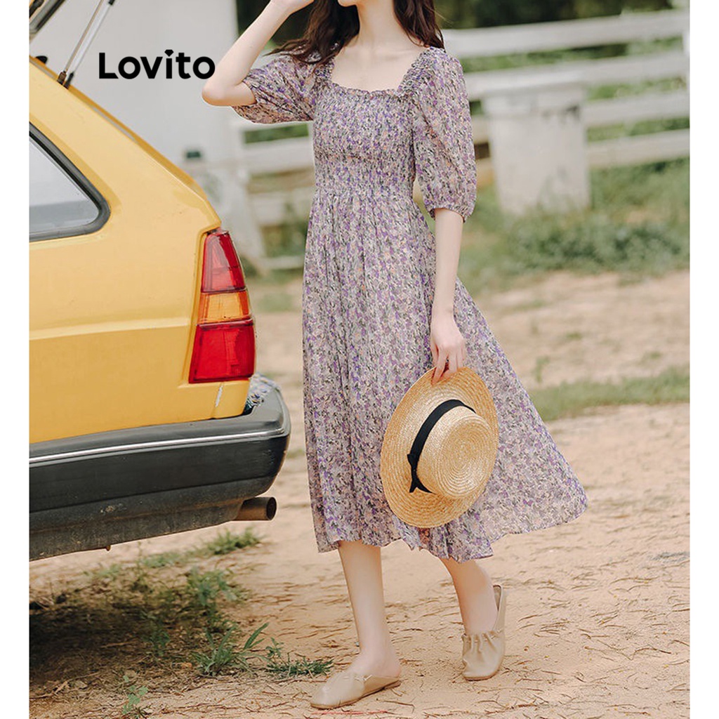 Lovito Váy midi chữ A có tay 3/4 thêu hoa phong cách Boho cho nữ LNE09090 (Nhiều Màu)