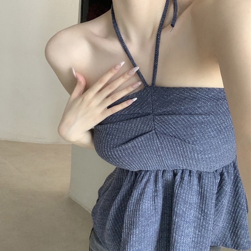 Áo Ngắn Hai Dây Hở Lưng Màu Xanh Dương Cho Nữ