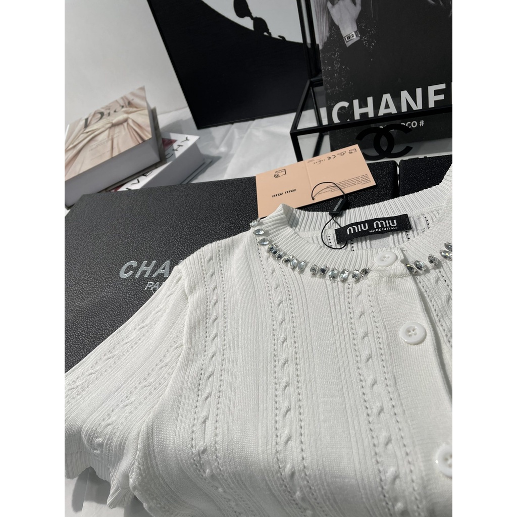 MIU MIU spring and summer new elegant casual letter logo slimming slim knit cardigan short sleeve t-shirt