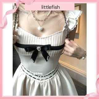 [littlefish] Váy Thiên Kim Phong lộ vẻ gầy gò tay áo thu eo công chúa váy trà hệ ngọt ngào sữa ngoan thiết kế cảm giác dây đeo váy