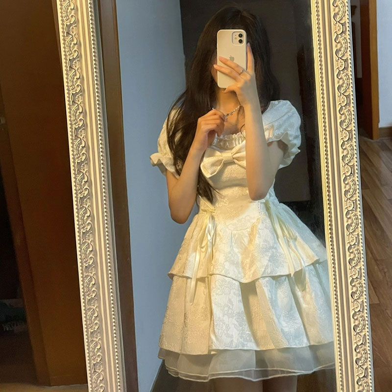 Đầm Ngắn Tay Phồng Đính Nơ Thời Trang Mùa Xuân Mới Cho Nữ