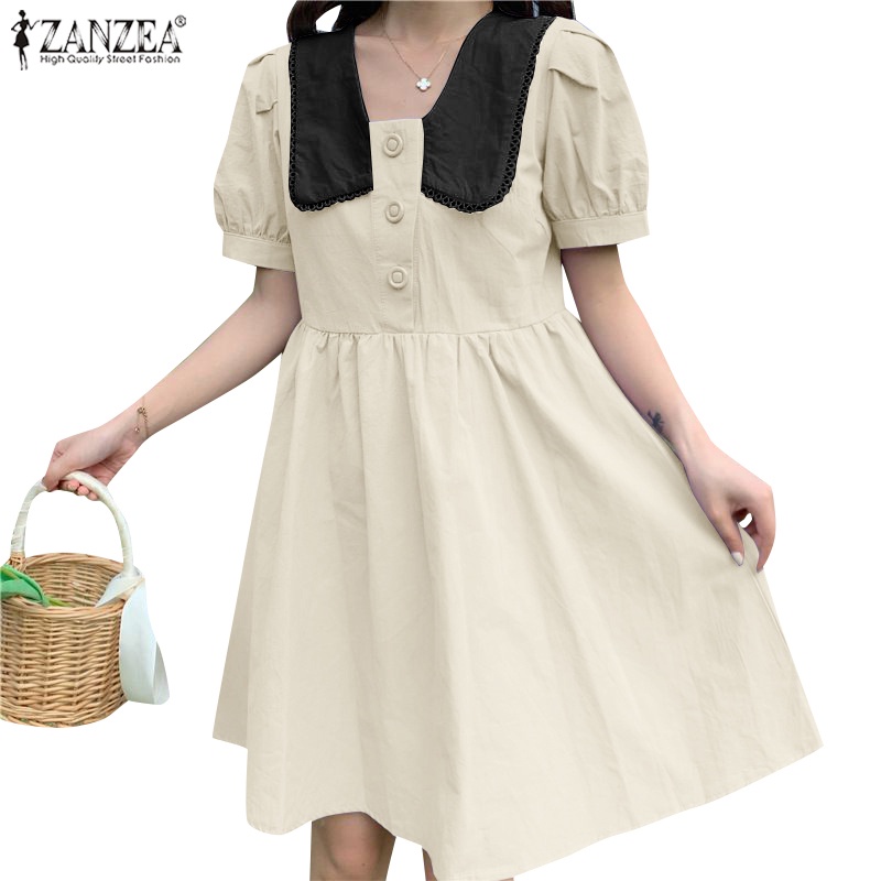 ZANZEA Đầm Mini Tay Ngắn Màu Trơn Dáng Rộng Phong Cách Hàn Quốc Thời Trang Cho Nữ